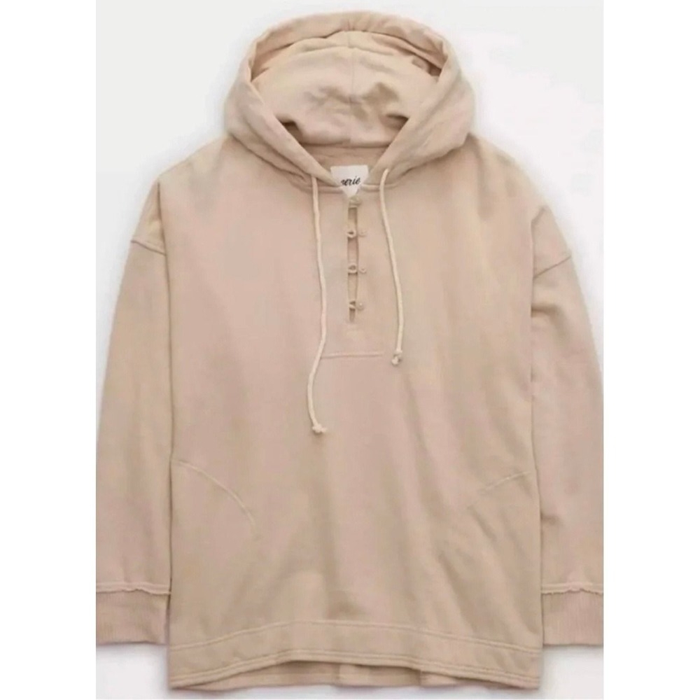 Aerie Womens Oversized Henley Hoodie Sweatshirt Beige French Terry Large